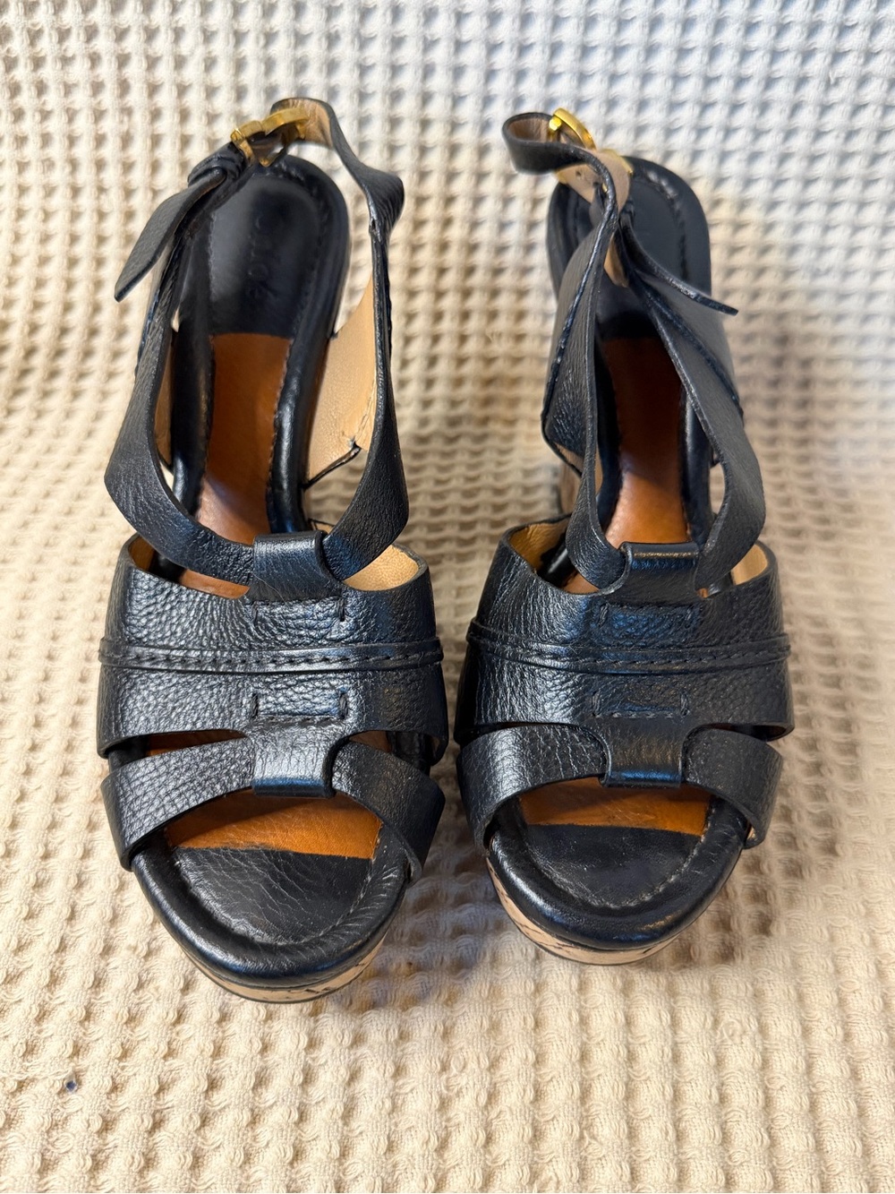 Chloé Renna Cork & Leather Platform Wedge Sandals Black EU 39 US 9